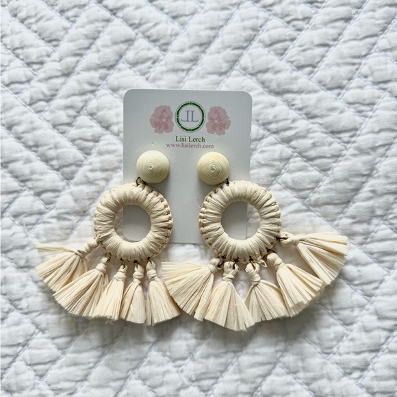 Lisi Lerch Cream Raffia Tassel Fringe Hoop Earrings| Natural Straw NWT - Picture 2 of 5